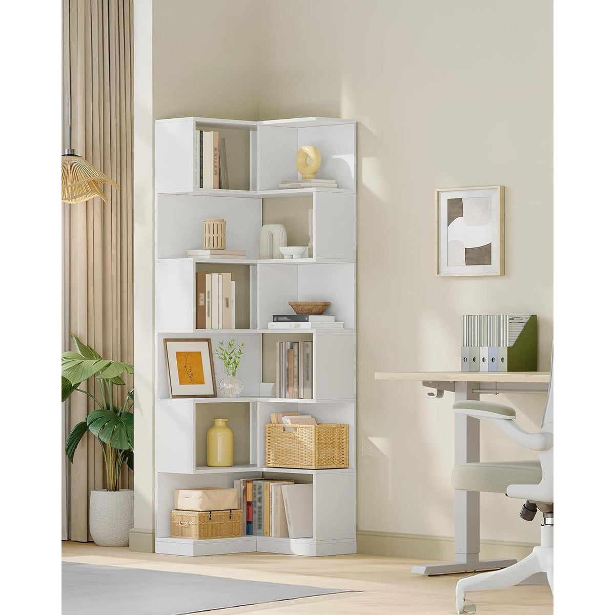 7-Stöckiges Eckregal Weiß – L-förmiges Bücherregal für Wohnzimmer