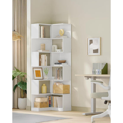 7-Stöckiges Eckregal Weiß – L-förmiges Bücherregal für Wohnzimmer