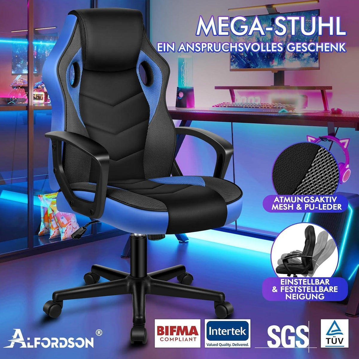 Ergonomischer Gaming-Stuhl mit mittlerer Rückenlehne, Blau