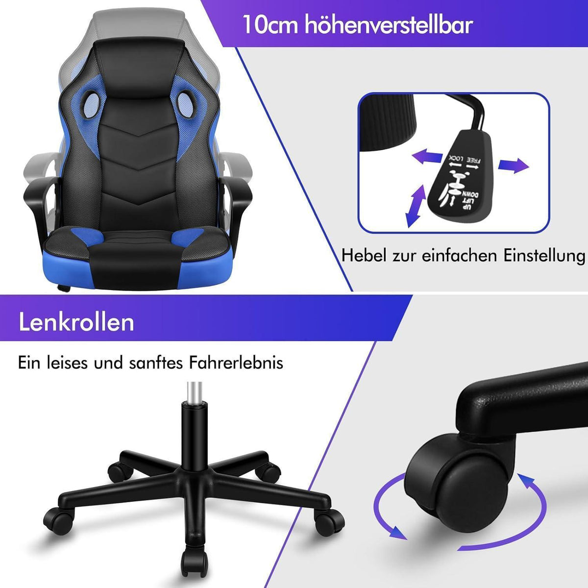 Ergonomischer Gaming-Stuhl mit mittlerer Rückenlehne, Blau