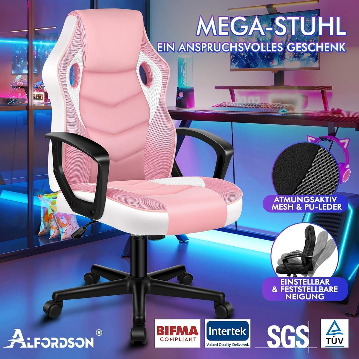 Ergonomischer Gaming-Stuhl mit mittlerer Rückenlehne, Rosa Mega