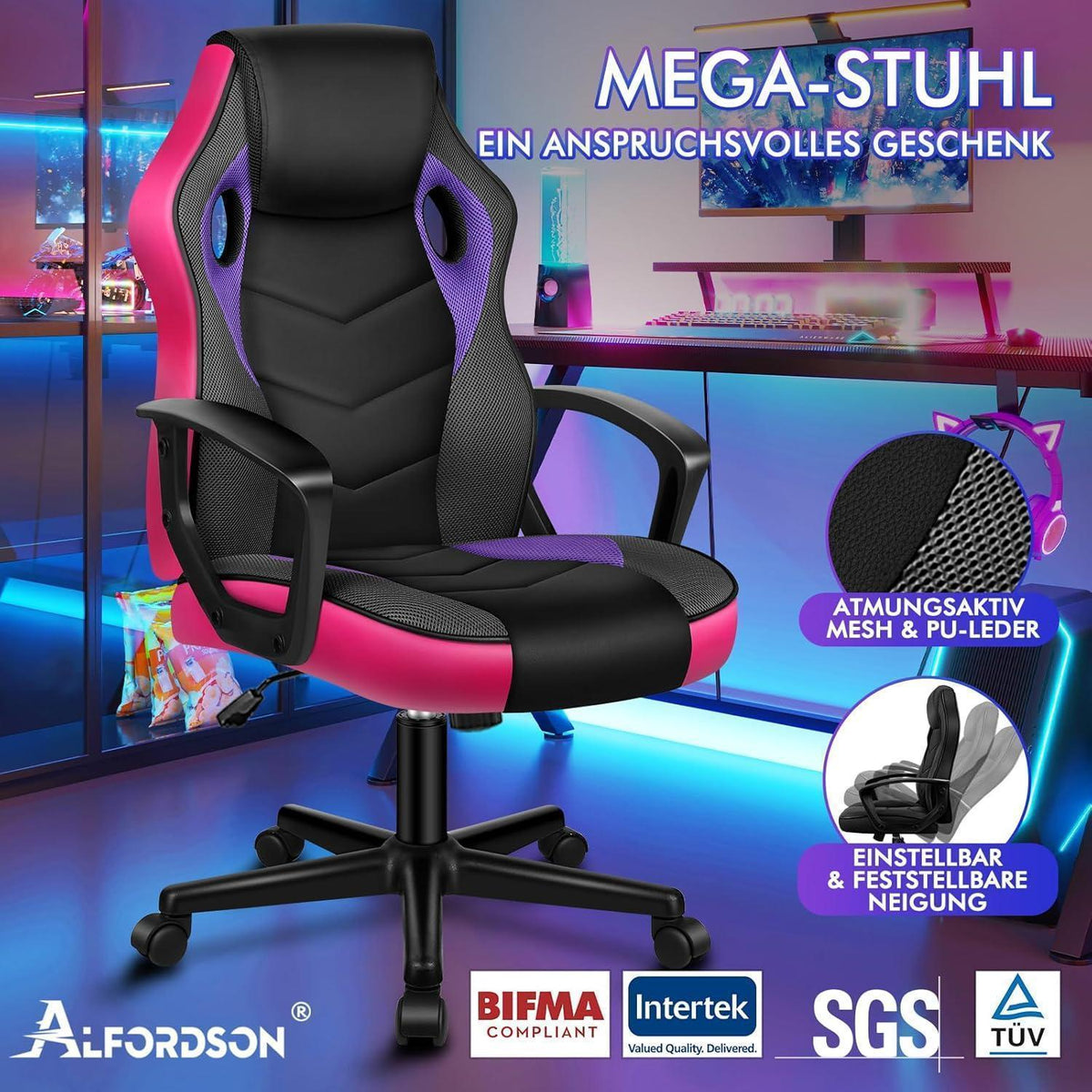 Ergonomischer Gaming-Schreibtischstuhl Lila Mega, 150 kg belastbar