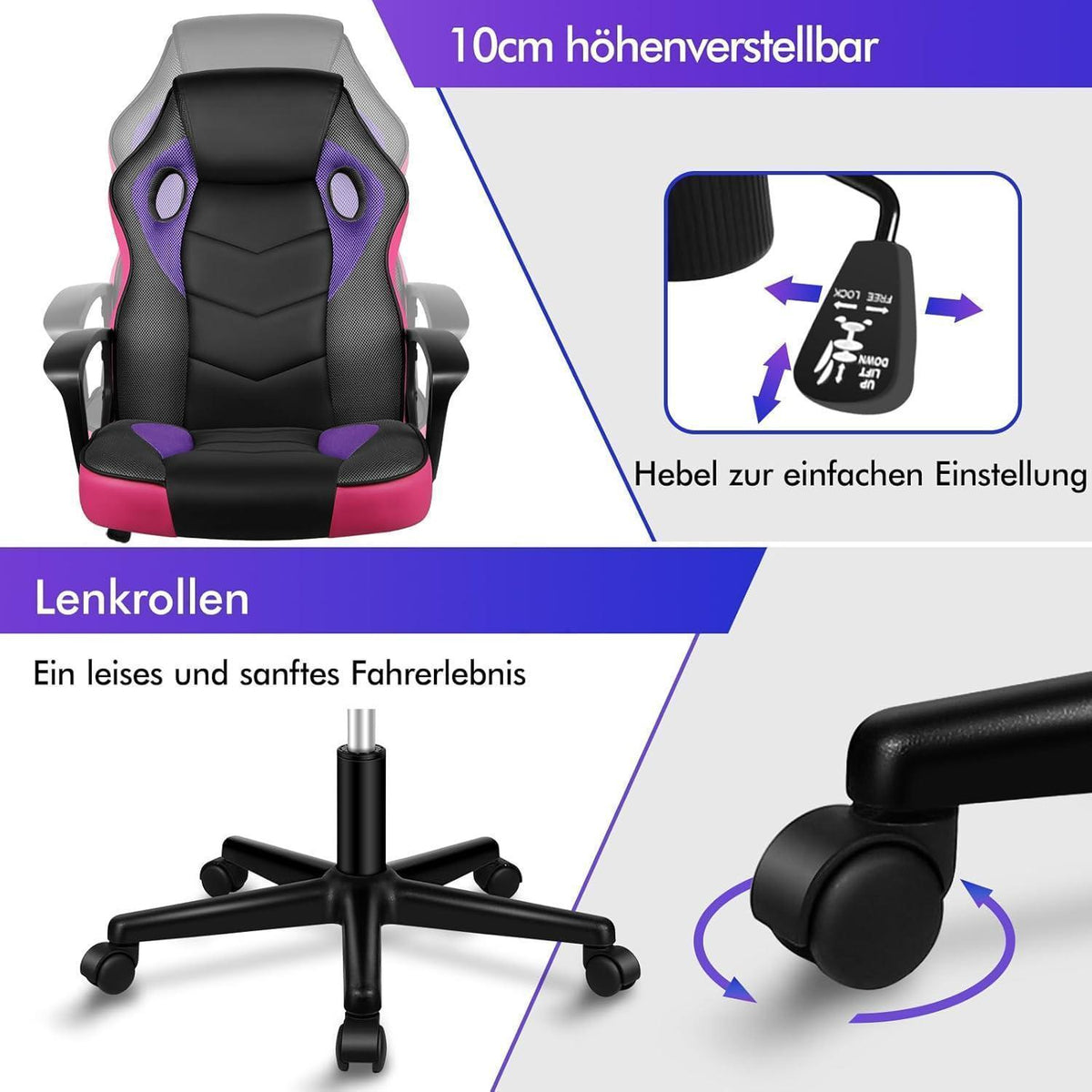 Ergonomischer Gaming-Schreibtischstuhl Lila Mega, 150 kg belastbar