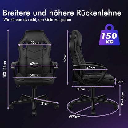 Ergonomischer Gaming-Stuhl mit mittlerer Rückenlehne, Stoff, Schwarz in Lederoptik