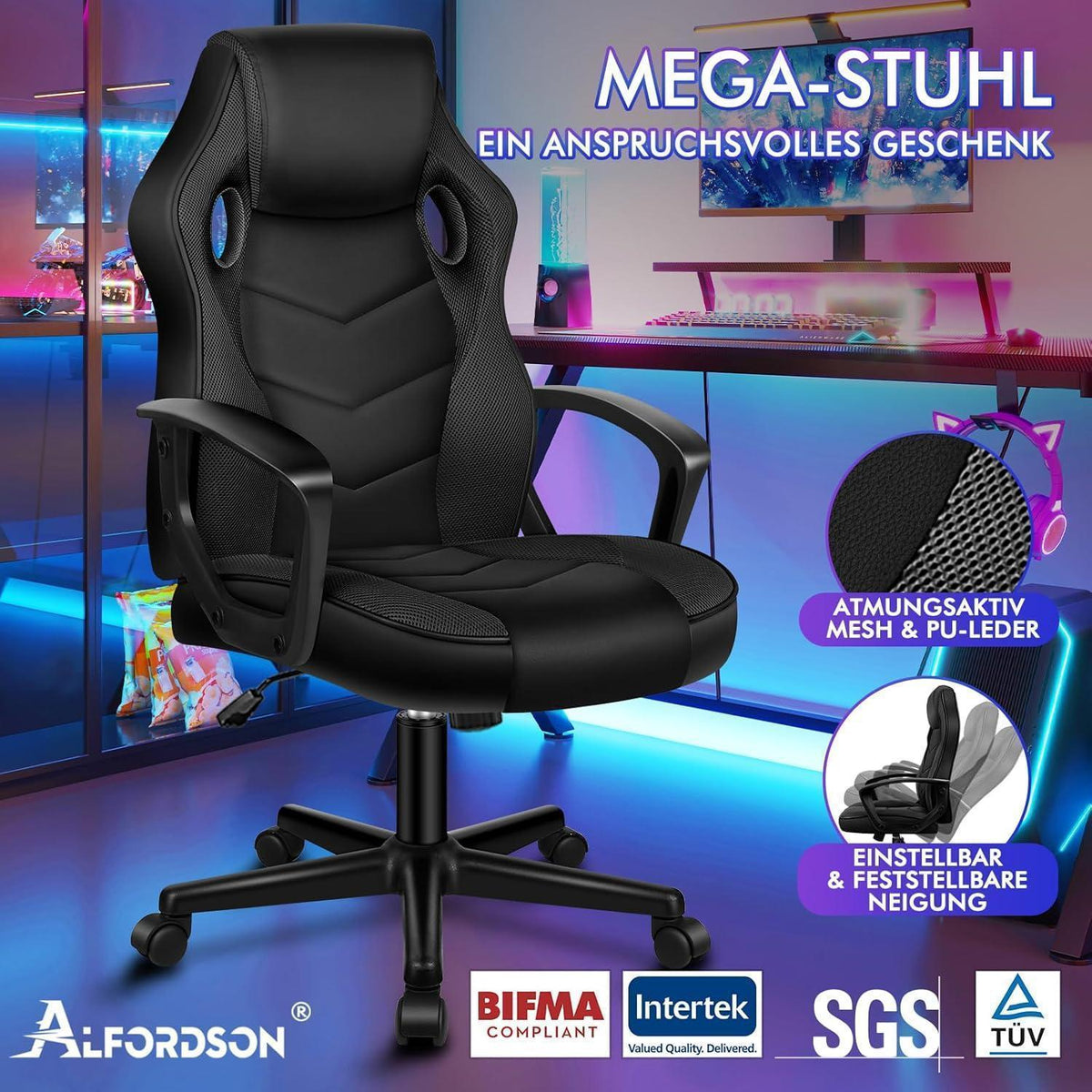 Ergonomischer Gaming-Stuhl mit mittlerer Rückenlehne, Stoff, Schwarz in Lederoptik