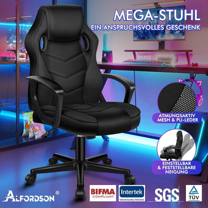Ergonomischer Gaming-Stuhl mit mittlerer Rückenlehne, Stoff, Schwarz in Lederoptik