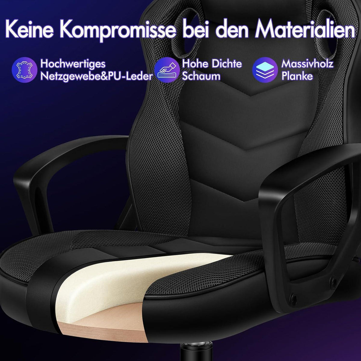 Ergonomischer Gaming-Stuhl mit mittlerer Rückenlehne, Stoff, Schwarz in Lederoptik