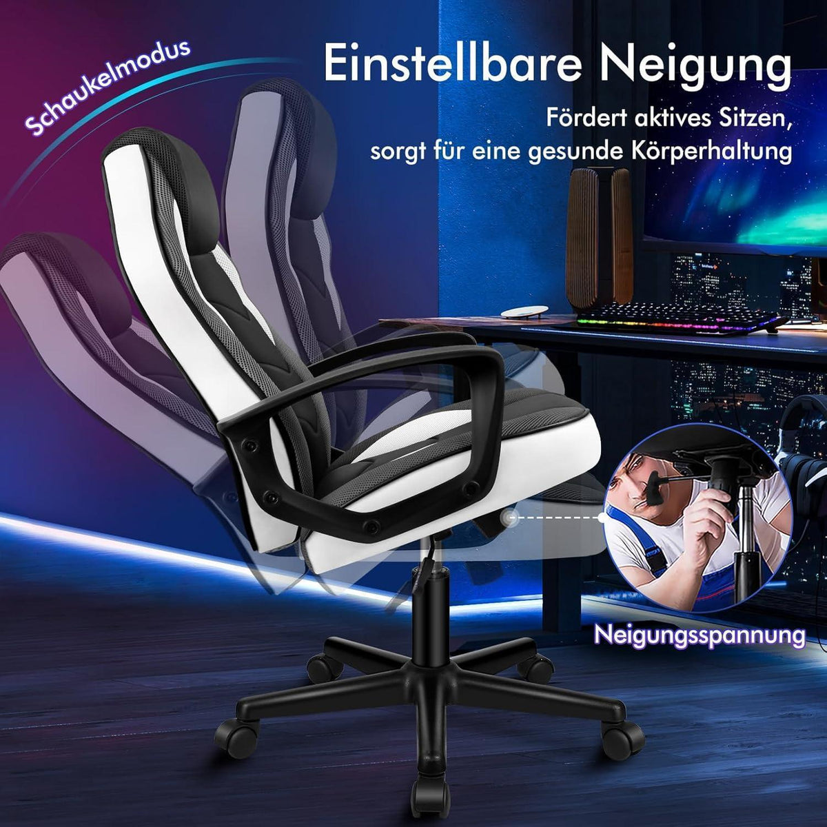 Ergonomischer Gaming-Schreibtischstuhl Weiß Mega, 150 kg belastbar
