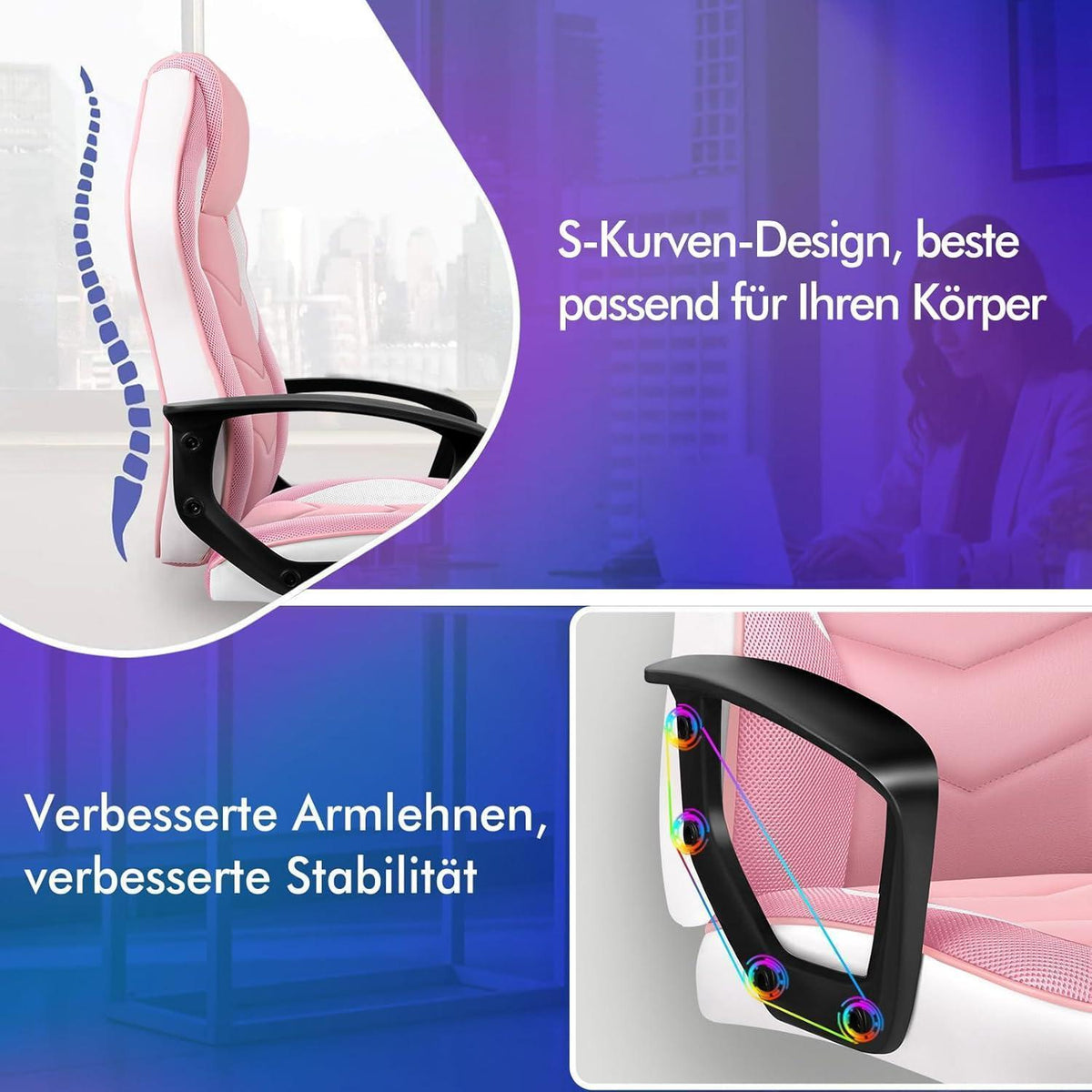 Ergonomischer Gaming-Schreibtischstuhl Rosa Mega, 150kg belastbar