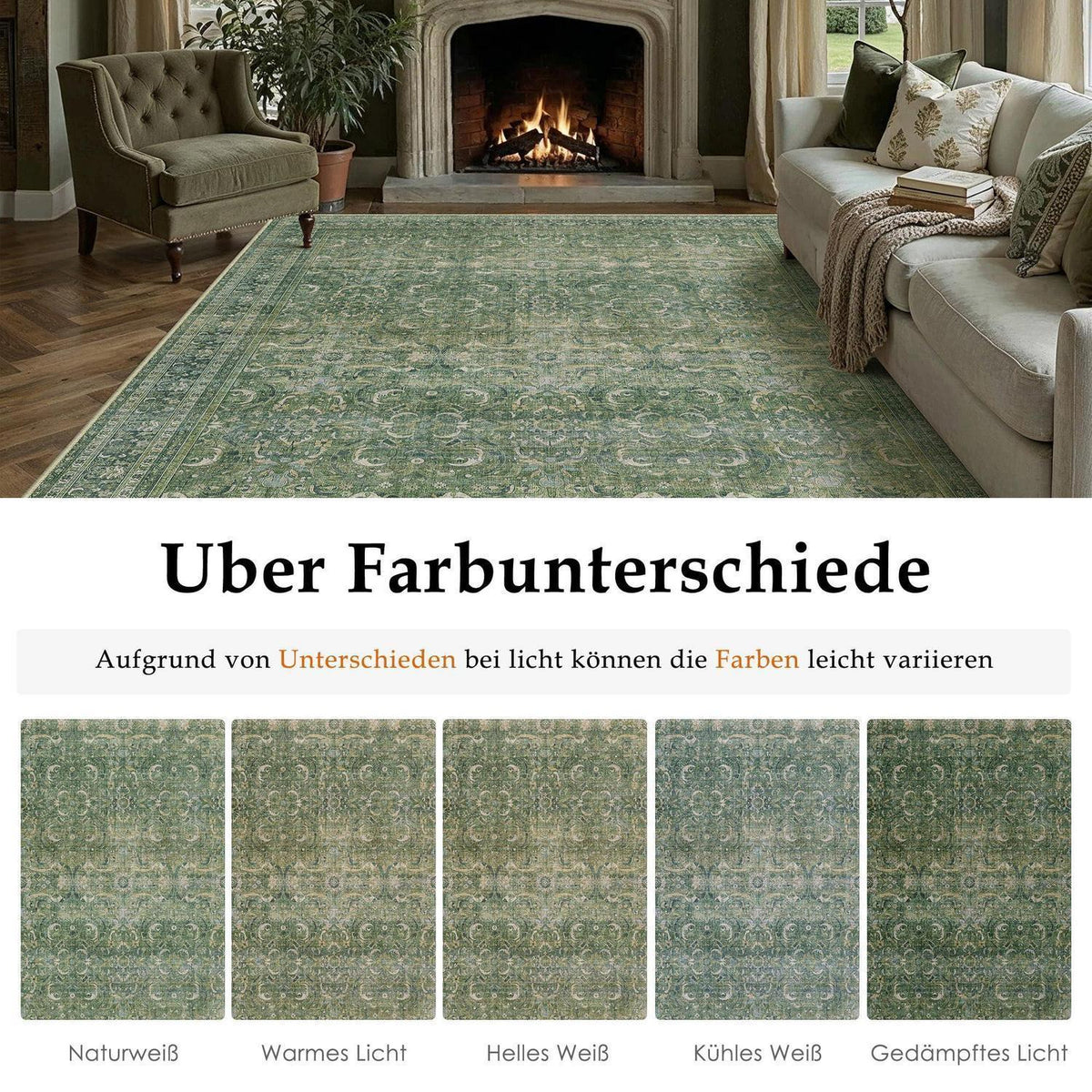 Grüner Vintage Teppich 160x230cm – Waschbar & Rutschfest