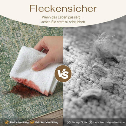 Vintage Grün Teppich 200x300cm Waschbar – Wohnzimmer & Schlafzimmer