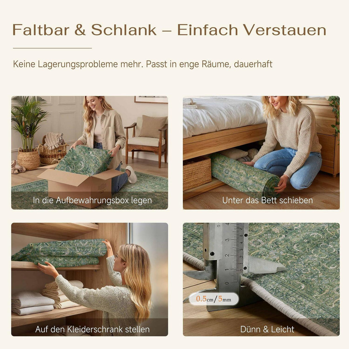 Vintage Grün Teppich 200x300cm Waschbar – Wohnzimmer & Schlafzimmer