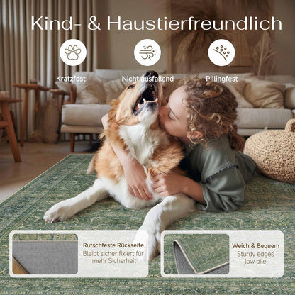 Vintage Teppich Grün 300x400cm Waschbar – Wohnzimmerteppich