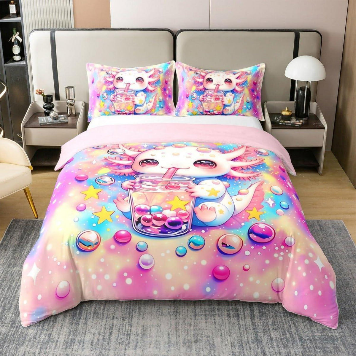 Axolotl Bettwäsche Set Baumwolle 220x240 Rosa Lila Blau