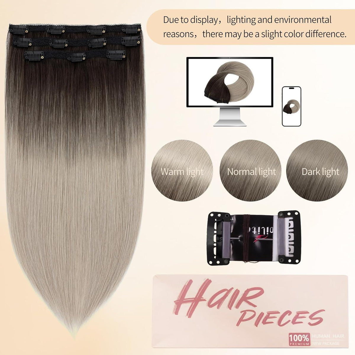 Echthaar Clip-in Extensions Schwarz-Grau Highlight 55cm