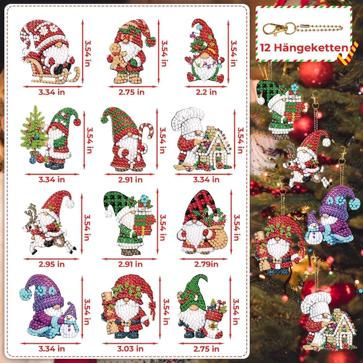 Diamant Painting Weihnachten Anhänger Set – 12 Wichtel zum Basteln