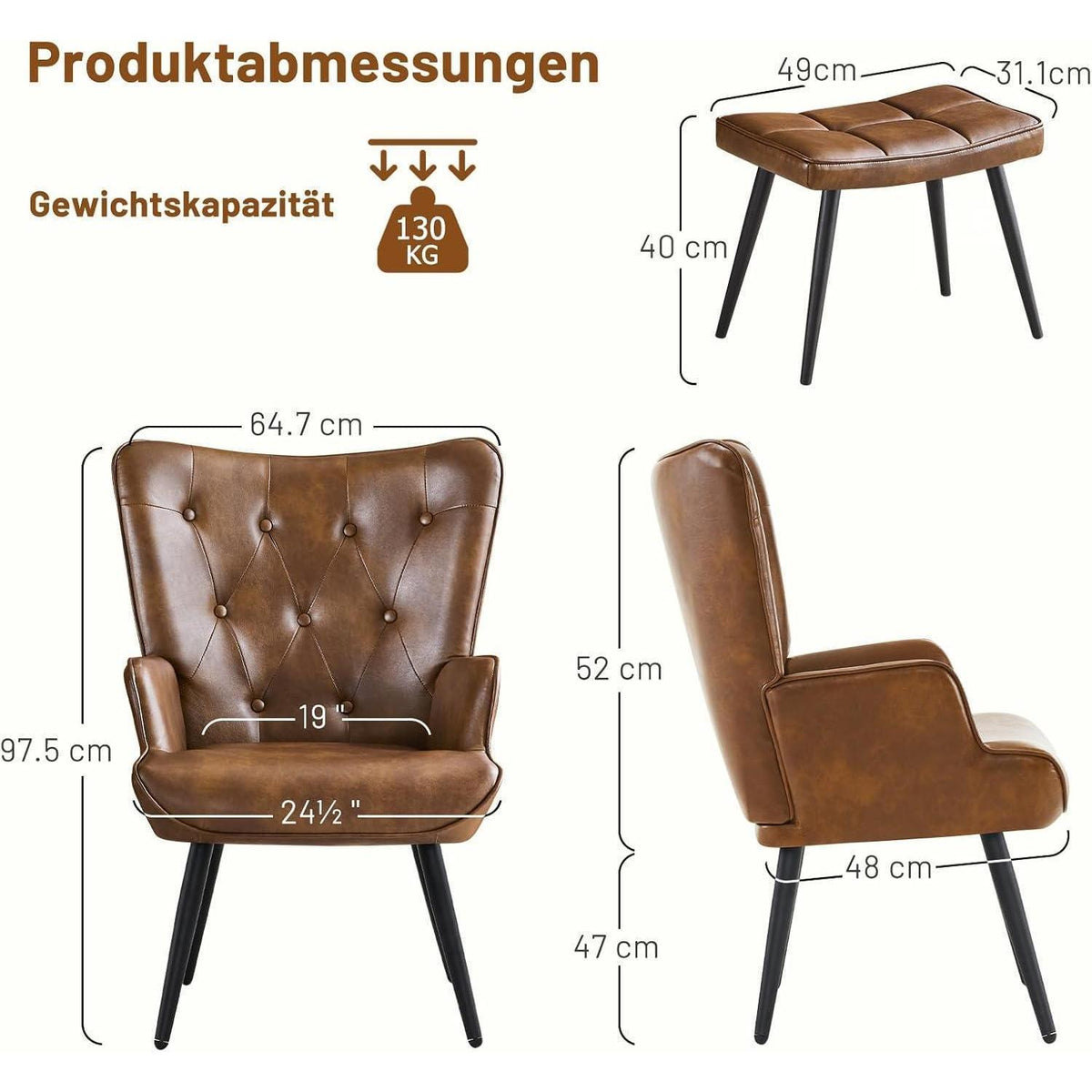 Ohrensessel mit Hocker, Braun – Bequemer Relaxsessel für Wohnzimmer