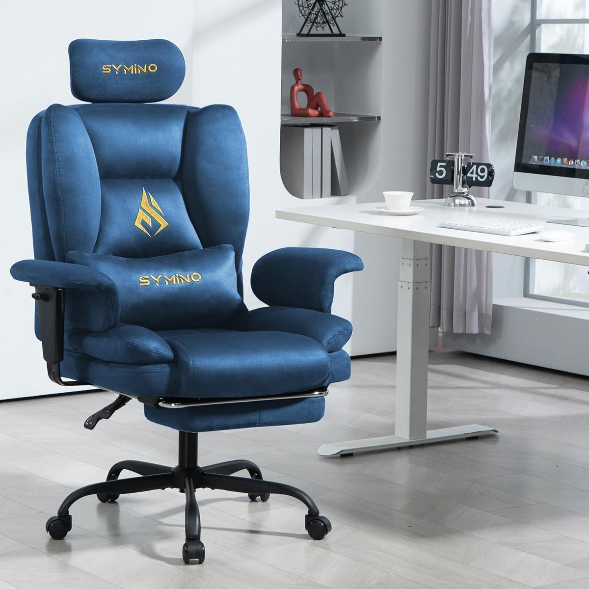 Gaming Stuhl mit Fußstütze, Blau Wildlederimitat
