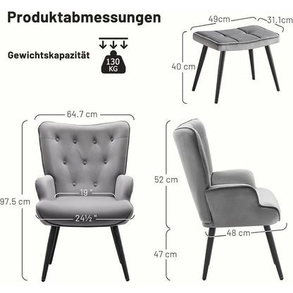 Samt Ohrensessel mit Hocker – Grau, Wohnzimmer Relaxsessel