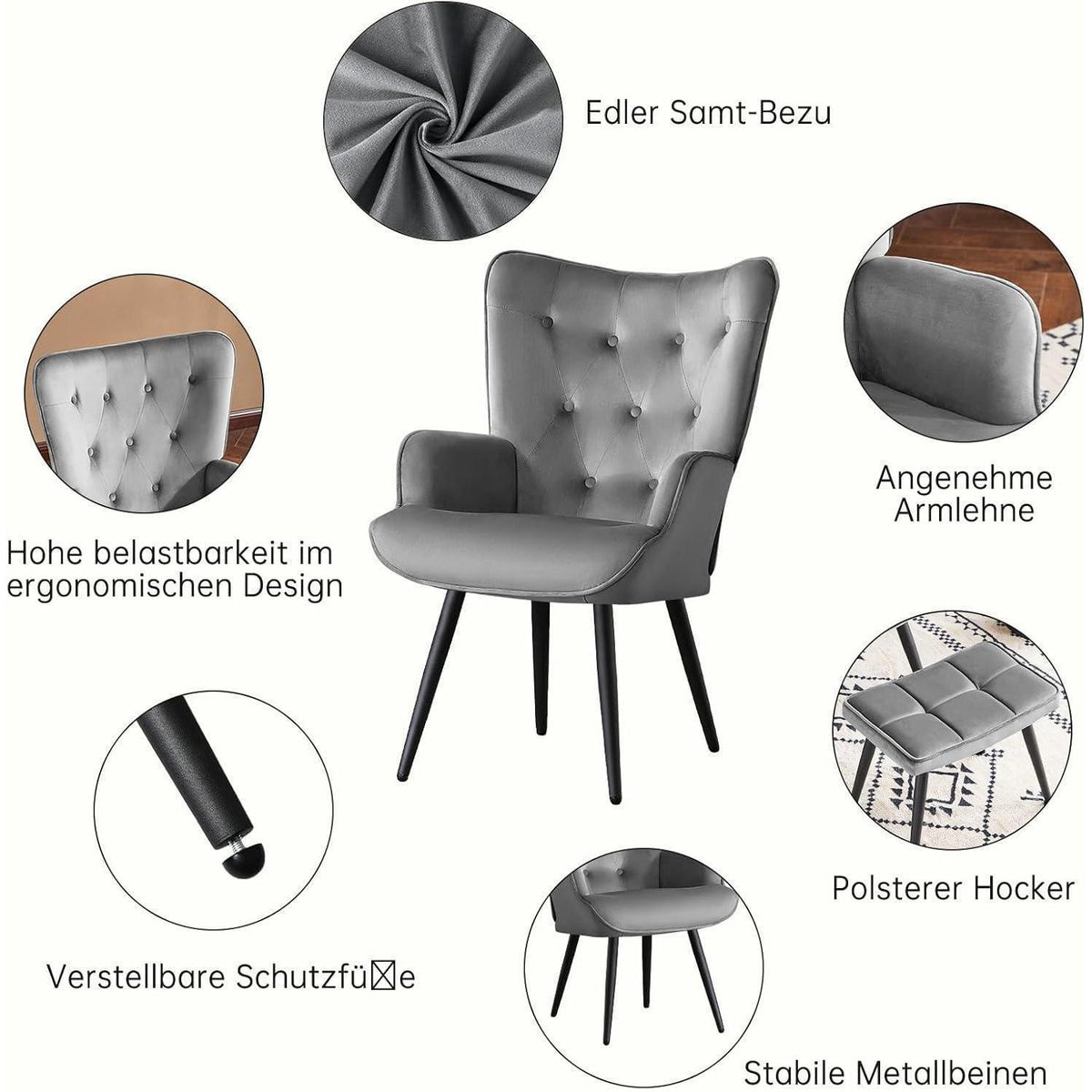 Samt Ohrensessel mit Hocker – Grau, Wohnzimmer Relaxsessel
