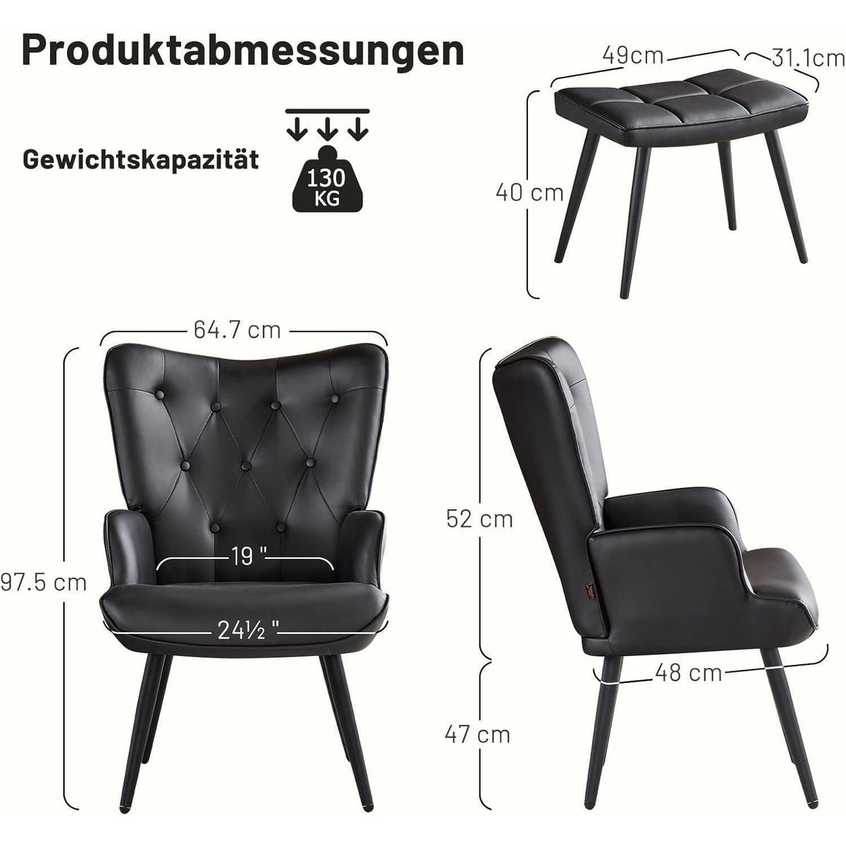 Ohrensessel mit Hocker, Schwarz – Bequemer Relaxsessel für Wohnzimmer