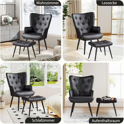 Ohrensessel mit Hocker, Schwarz – Bequemer Relaxsessel für Wohnzimmer