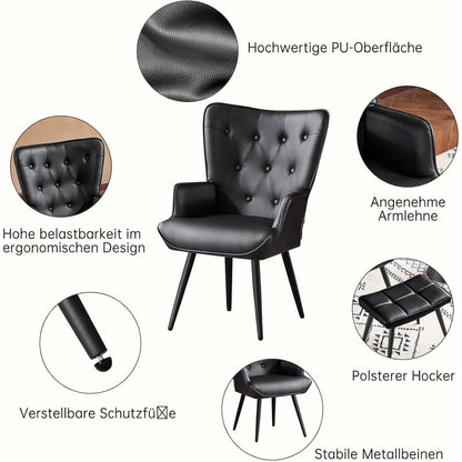 Ohrensessel mit Hocker, Schwarz – Bequemer Relaxsessel für Wohnzimmer