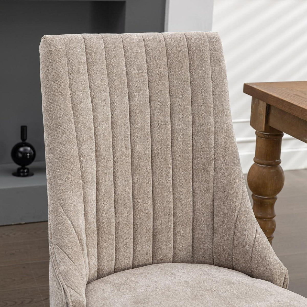 Esszimmerstühle 6er Set, Beige – Massivholz & Chenille-Stoff