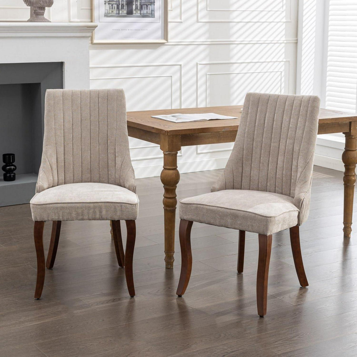 Esszimmerstühle 2er Set, Beige – Massivholz & Chenille