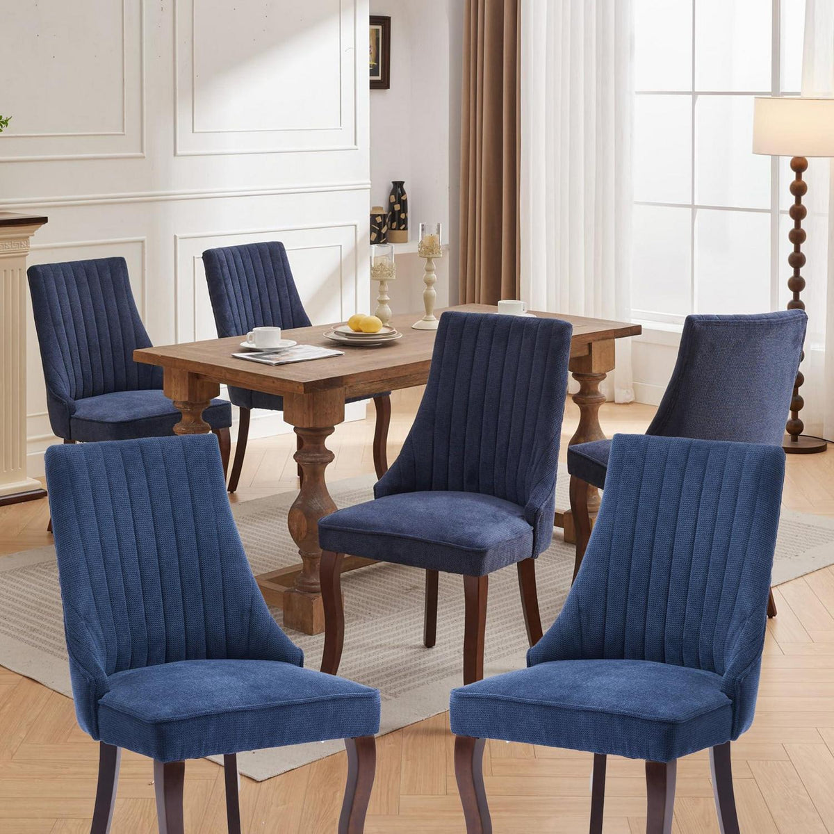 Esszimmerstühle 6er Set Blau – Bequeme Chenille-Stühle mit Massivholzbeinen