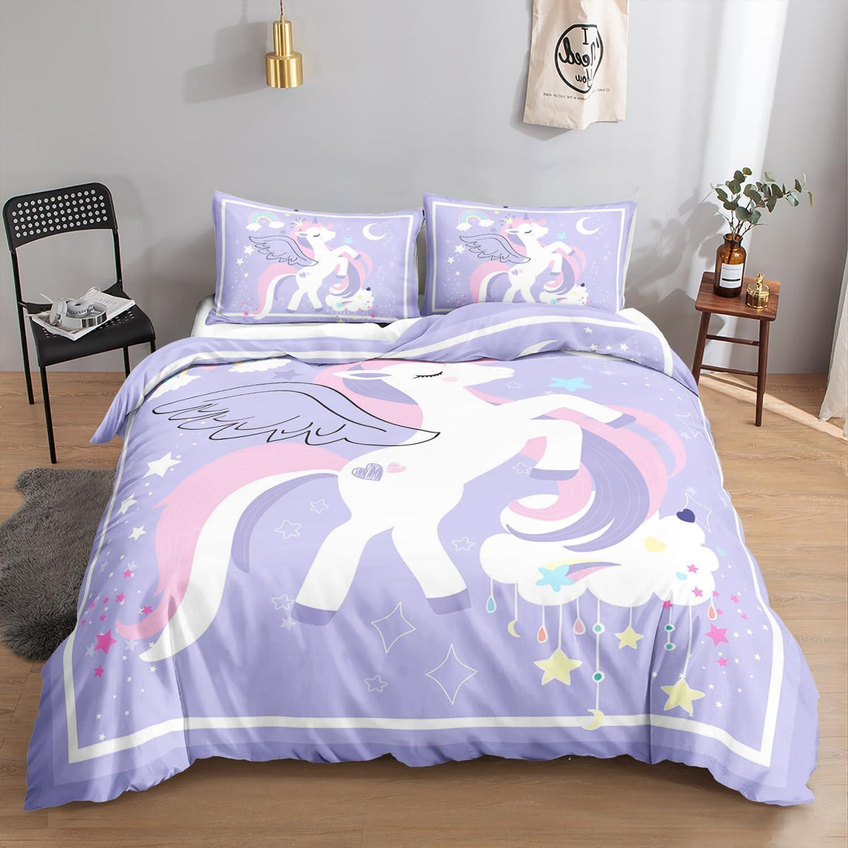 Einhorn Bettwäsche Set 200x200 cm Lila mit Regenbögen