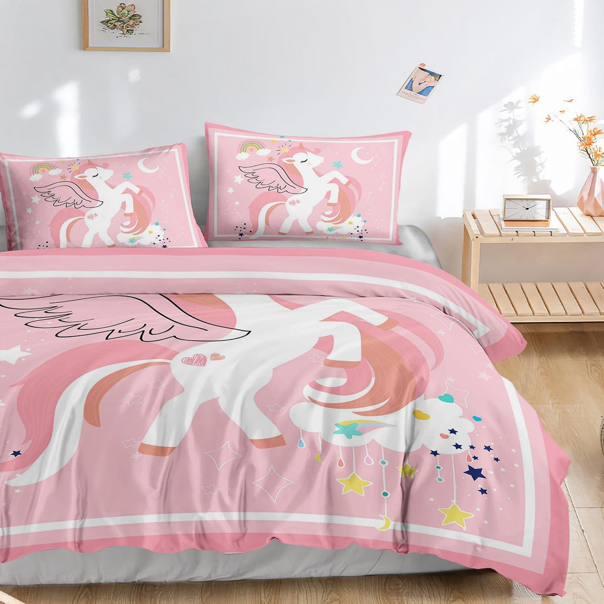 Einhorn Bettwäsche Set 200x200 cm Rosa mit Regenbögen