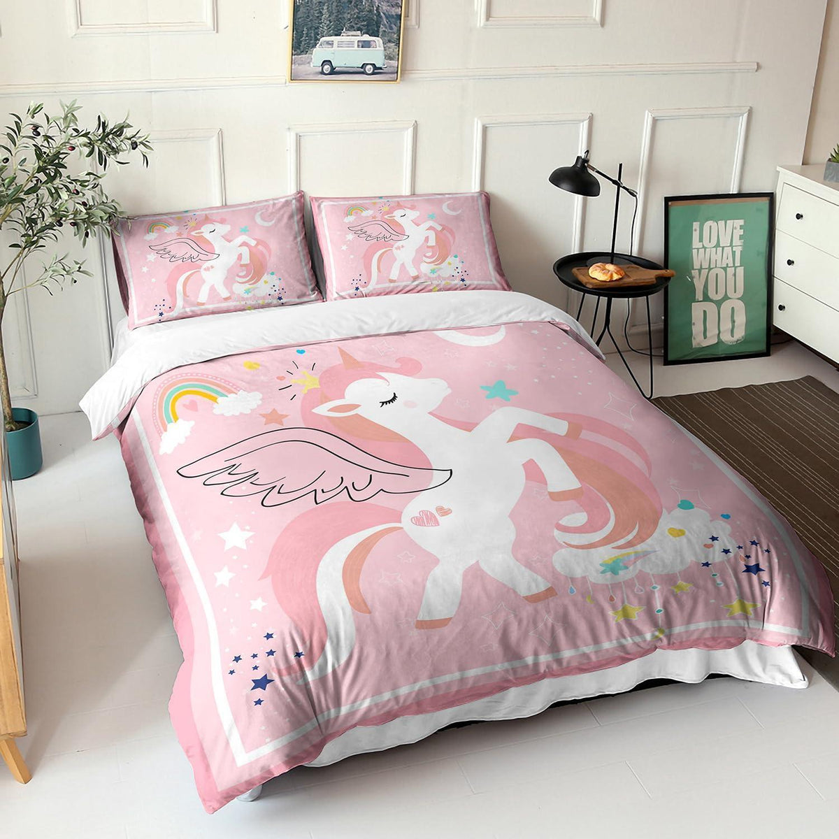 Einhorn Bettwäsche Set 200x200 cm Rosa mit Regenbögen
