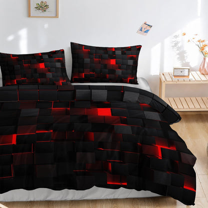 Würfel 3D Bettwäsche Set 200x200 cm Schwarz Rot