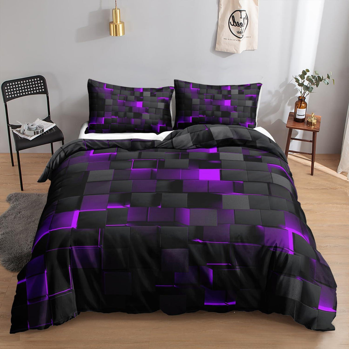 Würfel 3D Bettwäsche Set Schwarz Lila 200x200 cm