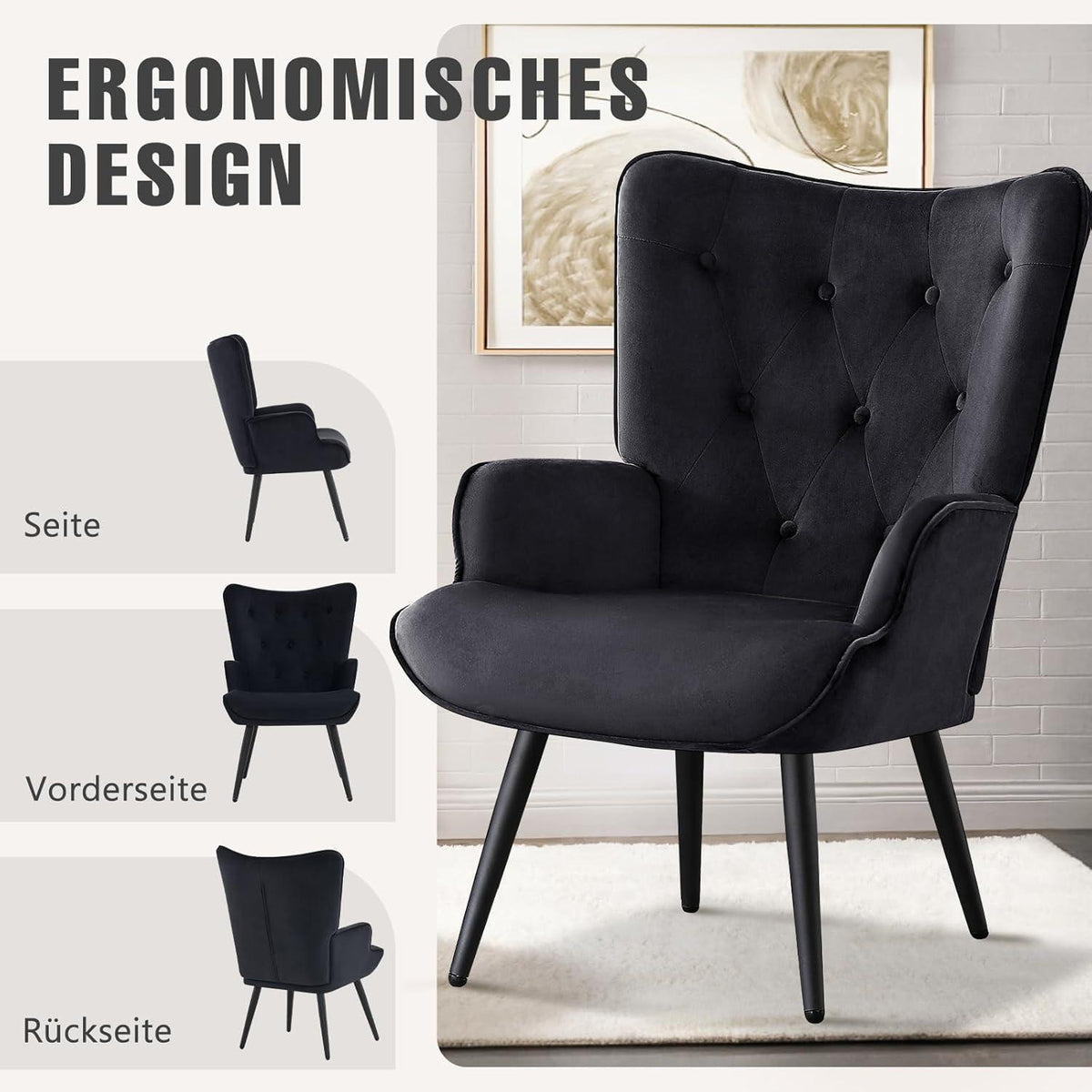 Ohrensessel 2er Set Schwarz – Skandinavischer Samt Relaxsessel