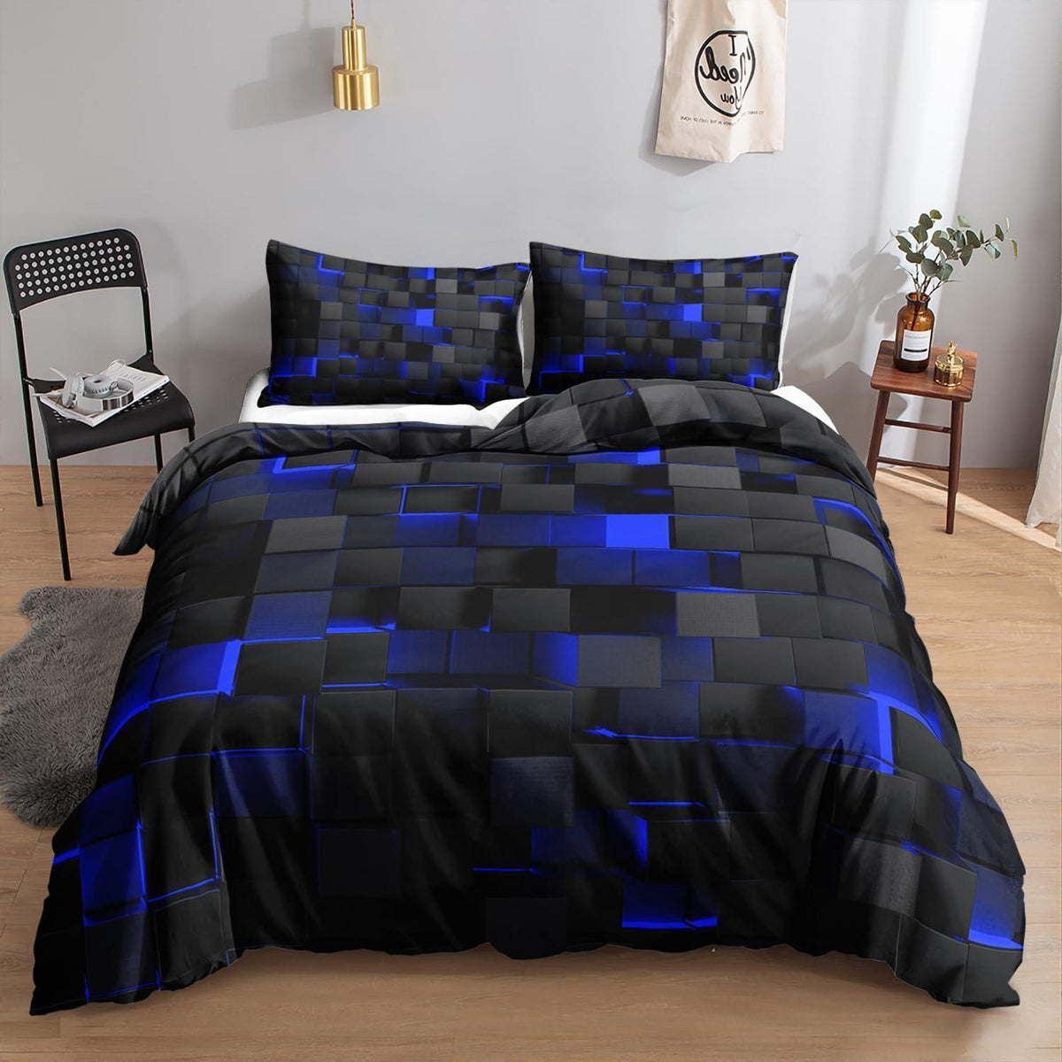 Würfel 3D Bettwäsche Set 200x200 cm Schwarz Blau