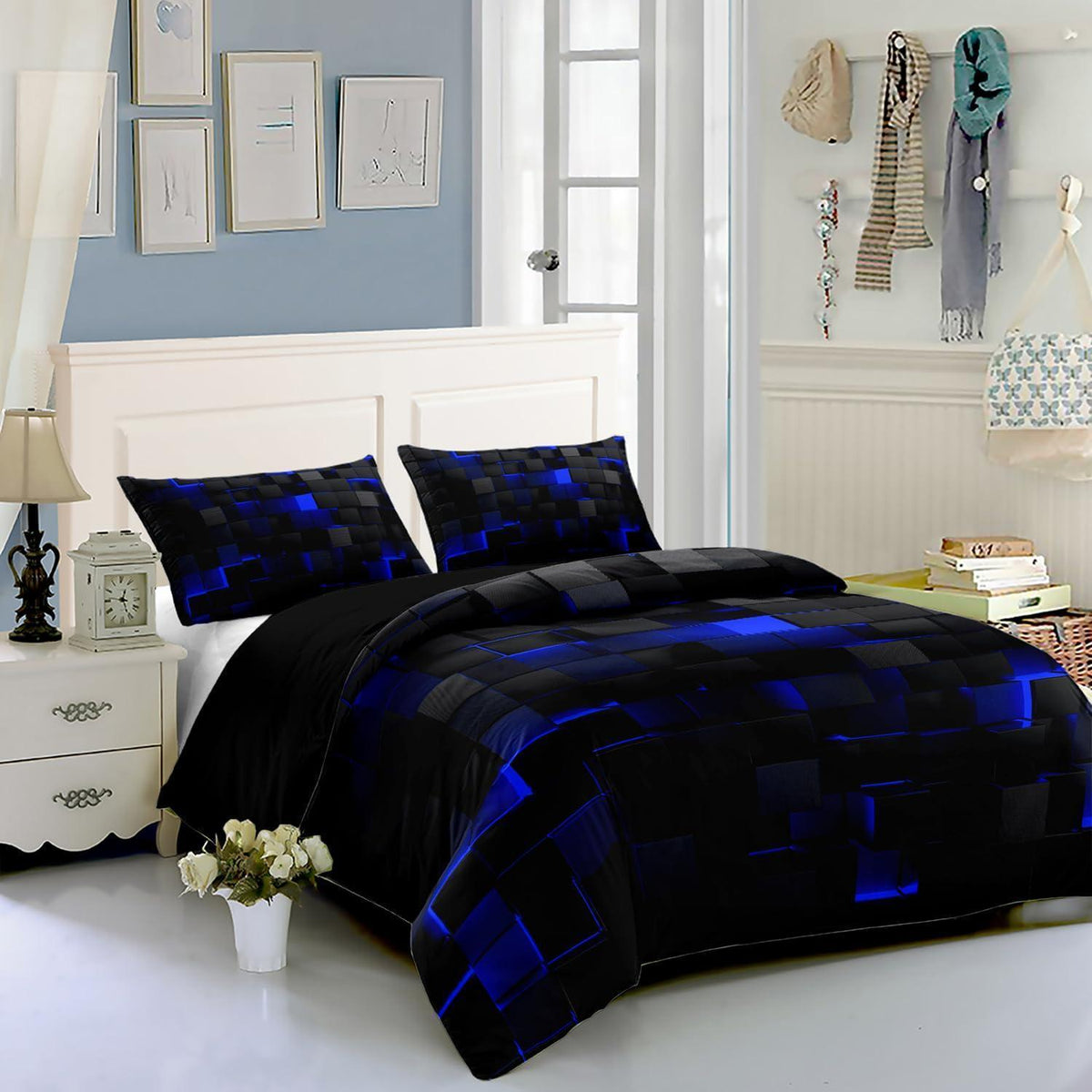 Würfel 3D Bettwäsche Set 200x200 cm Schwarz Blau