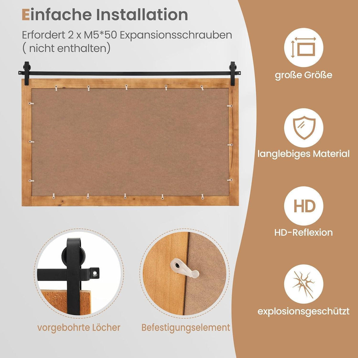 Rechteckiger Wandspiegel Holzrahmen 100x66cm – Rustikal & Dekorativ