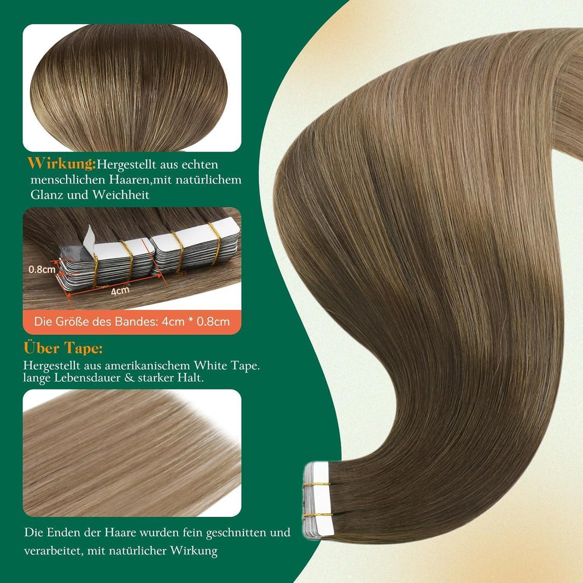 Echthaar Tape Extensions Balayage Braun 55cm