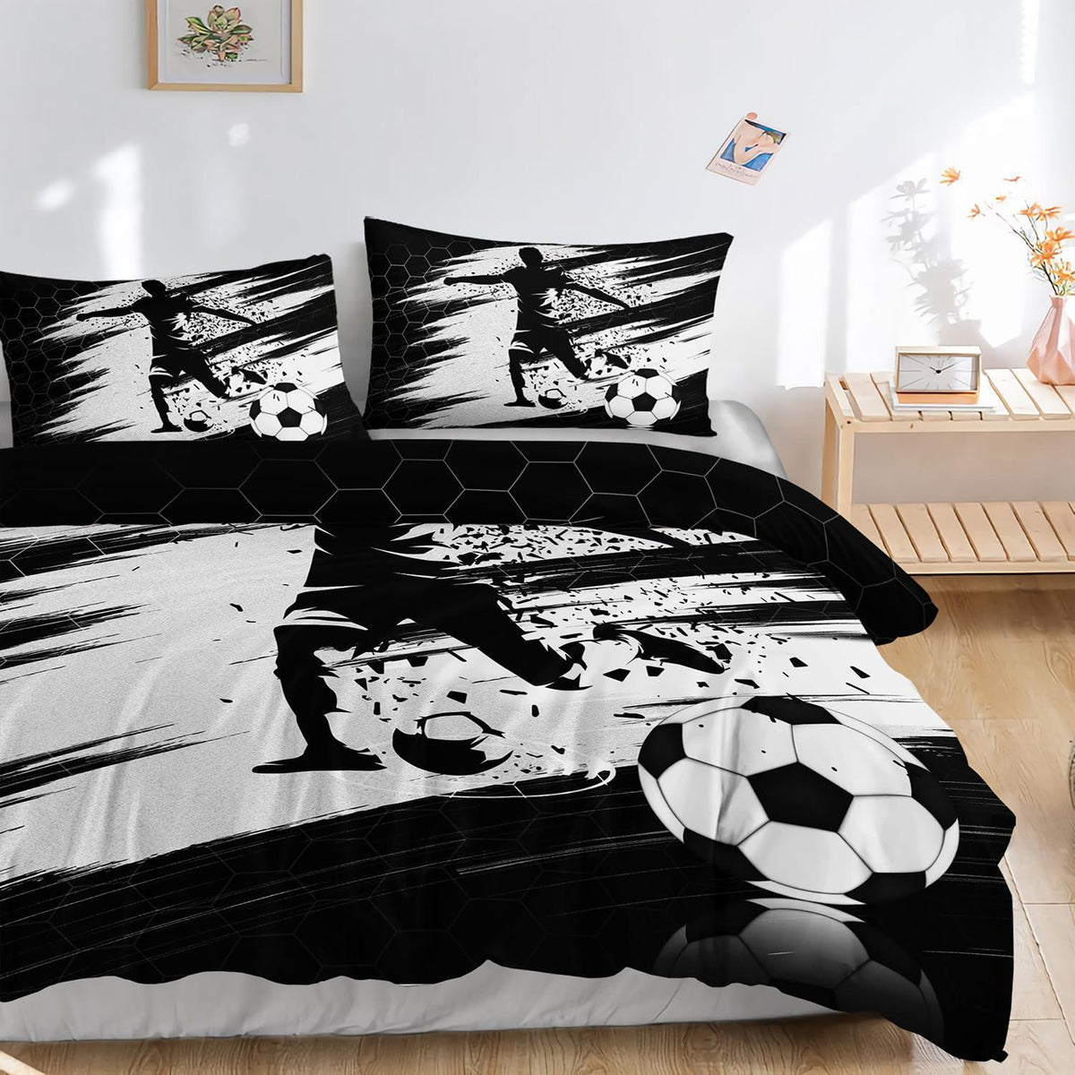 Fußball Bettwäsche Set Schwarz Weiß 200x200 cm