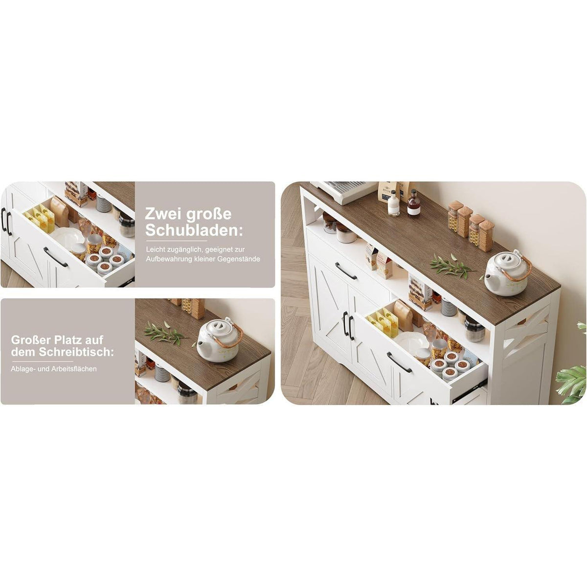 Weißes Sideboard mit 2 Schubladen & 4 Türen – Küchenschrank 140x40x105cm