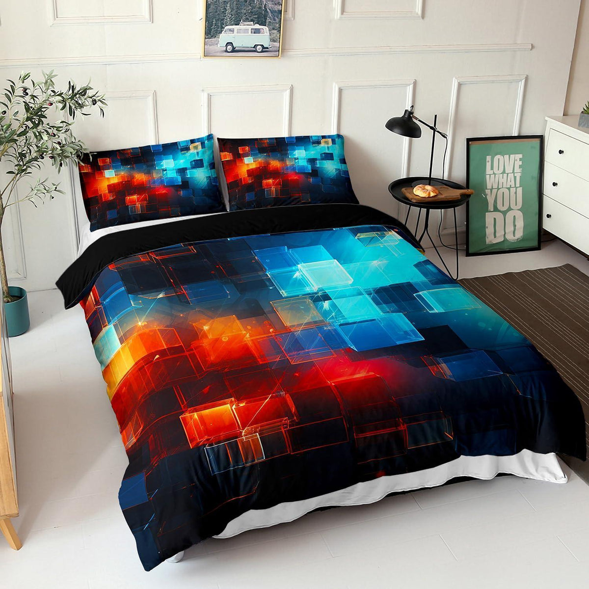 Moderne Geometrische Bettwäsche 200x200 cm Schwarz Rot Blau