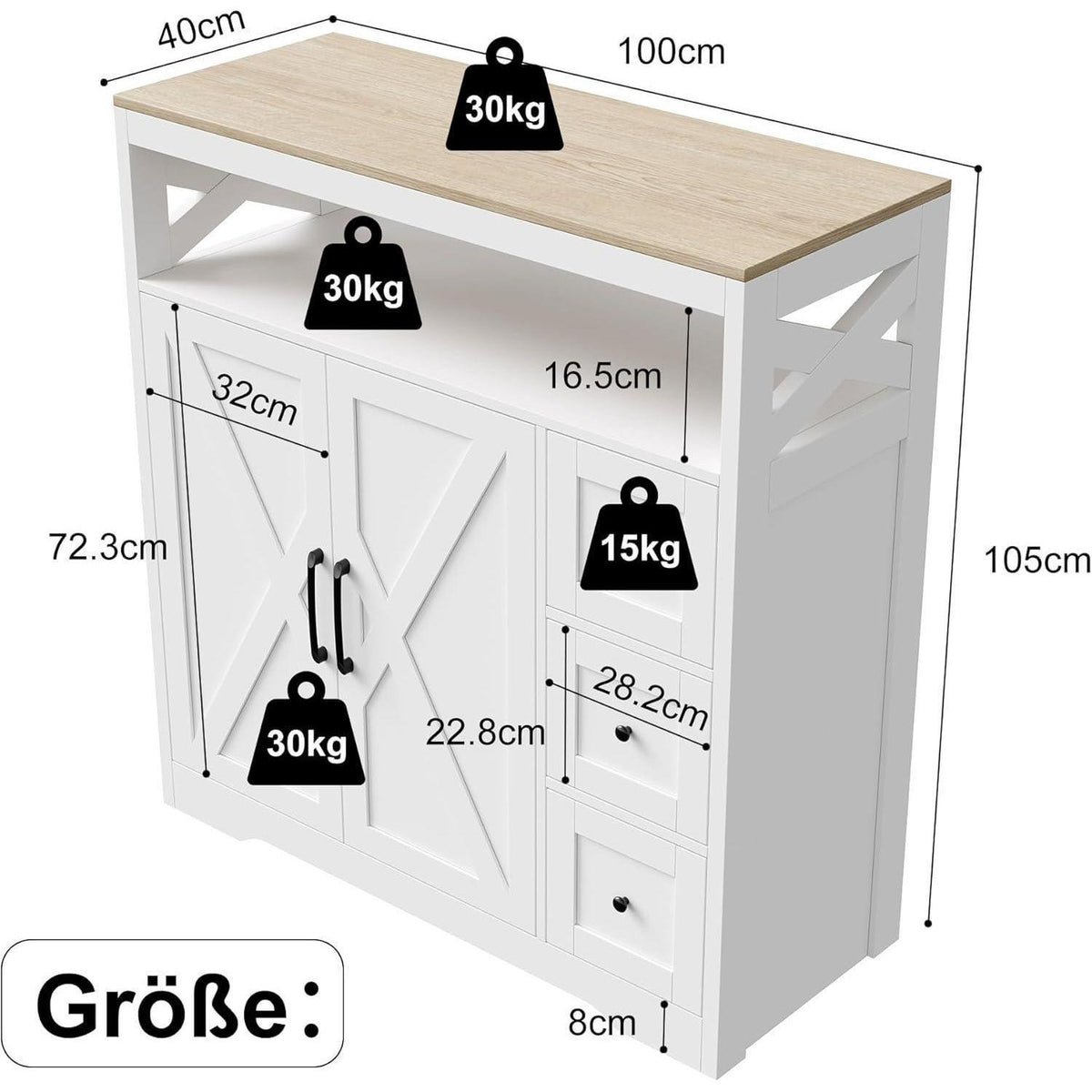 Sideboard mit 3 Schubladen & 2 Türen – Weiß, 100x40x105cm