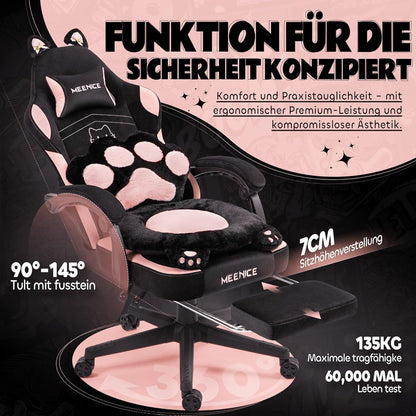 Gaming Stuhl mit Katzenohren und Fußstütze, Rosa