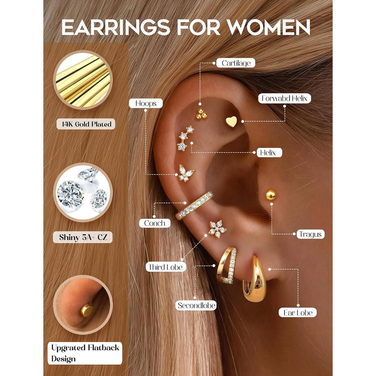 13 Paar Ohrringe Set Damen | Helix Piercings Gold Silber
