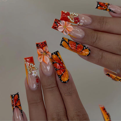 24 Press on Nägel Rot-Orange mit 3D Blumen & Schmetterlingen