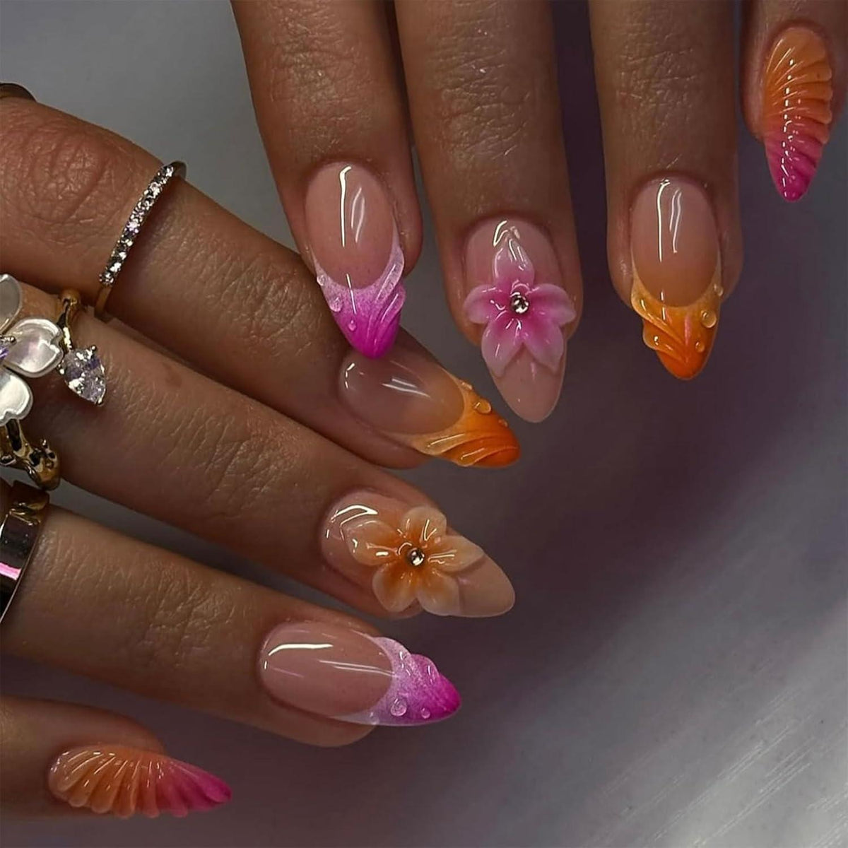 Press On Nägel Mandelform Bunte French Tips 3D Blumen Ocean Style