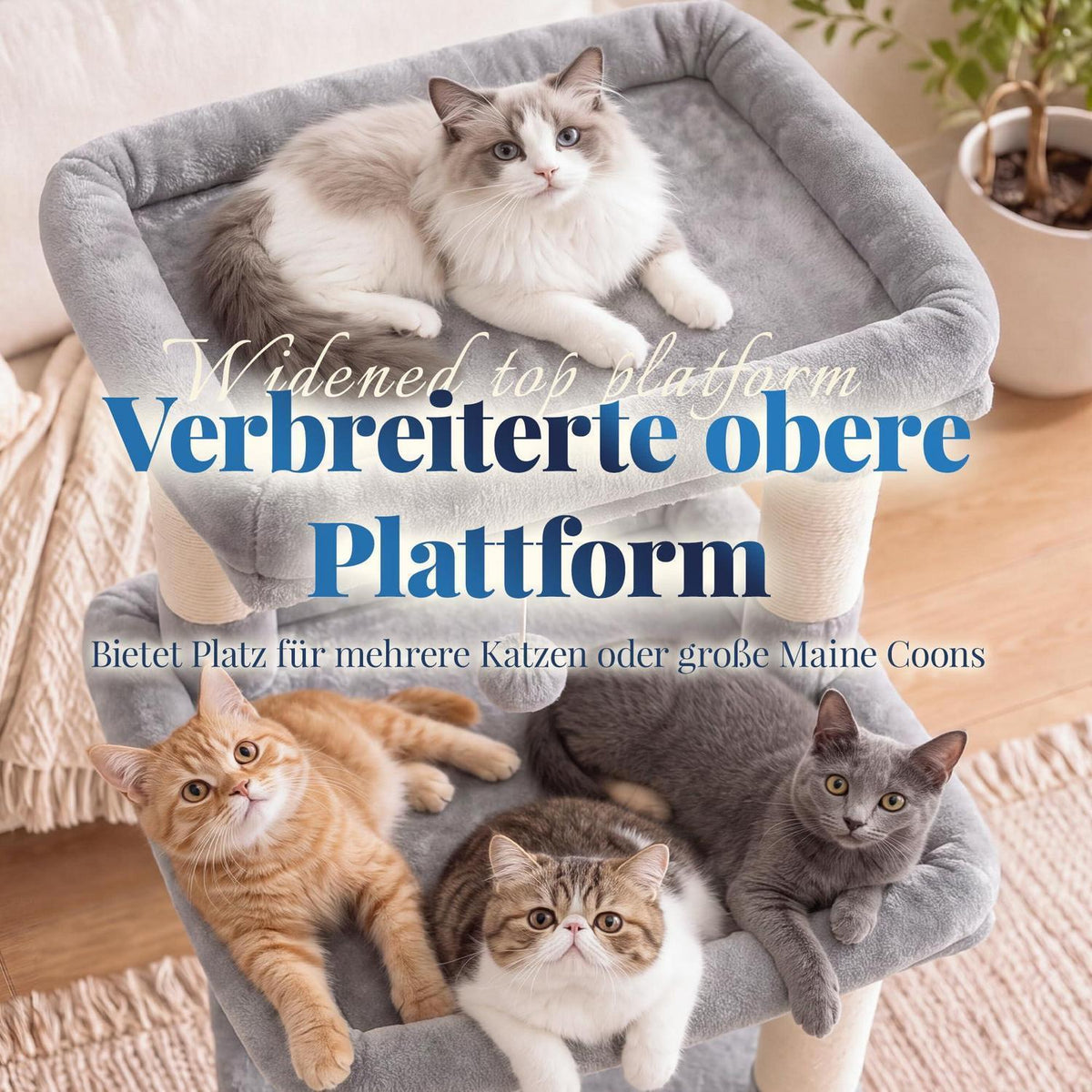 Kratzbaum für große Katzen – Stufen & 2 Körbe – Hellgrau