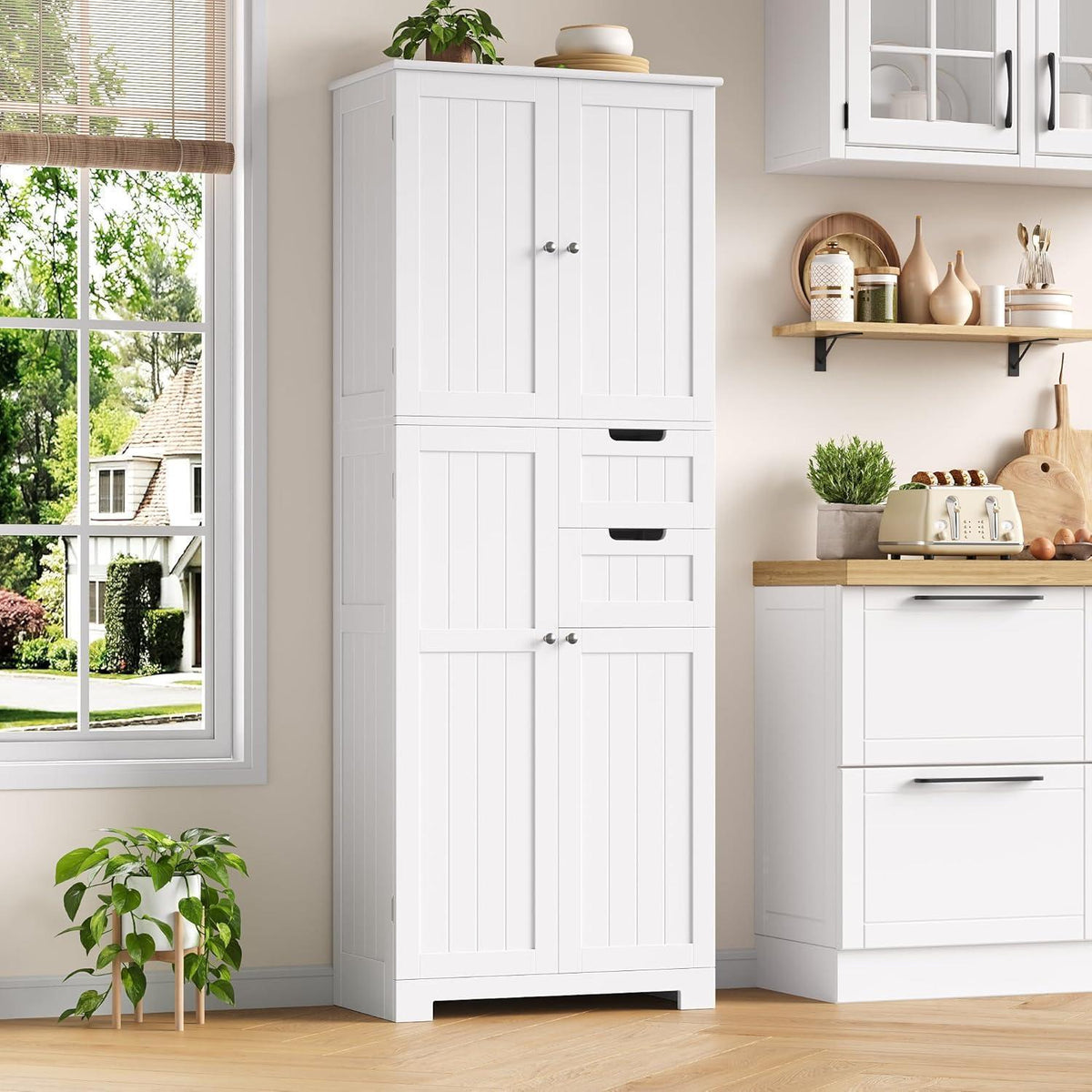 Hochschrank Badezimmerschrank mit 4 Türen & 2 Schubladen – Weiß